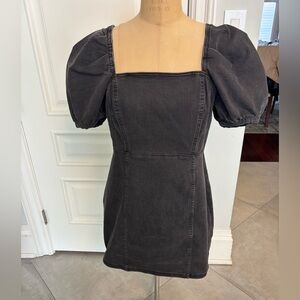 Elegant Black Denim Puff Sleeve Dress